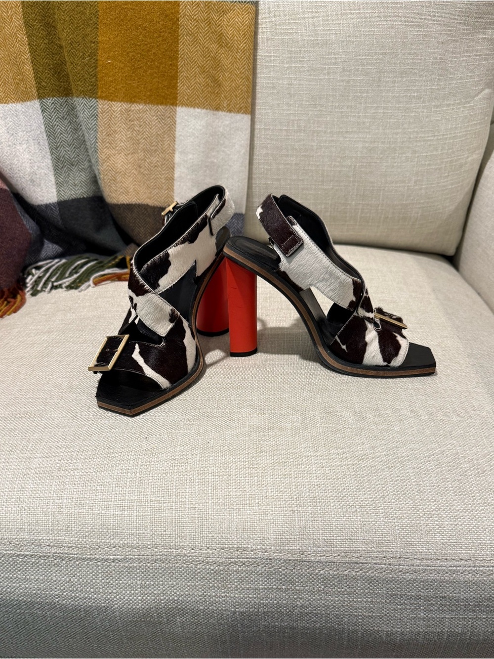Calvin Klein Collection Brown & White Cowhide Strap Heels w/ Orange Heel Size 38